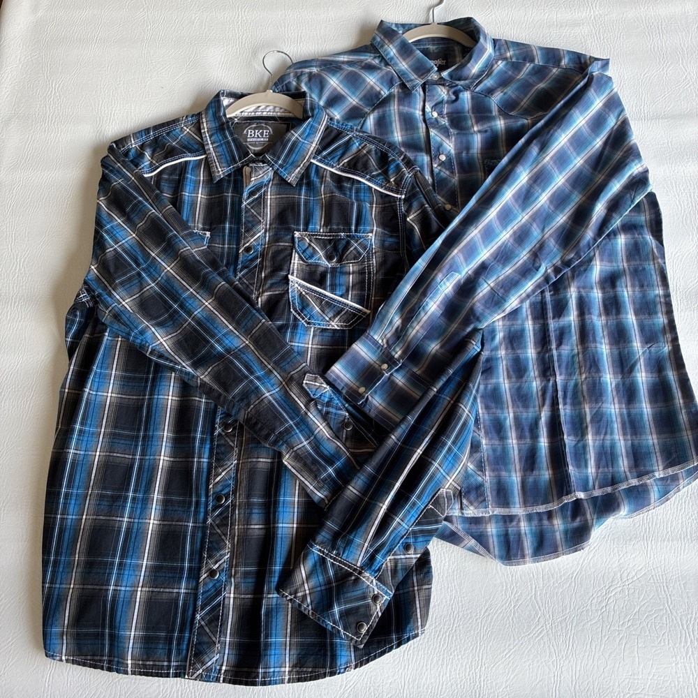 Lot of 2 Men's Large Shirt Pearl Snap BKE Wrangler Western Rodeo Cowboy Outlaw